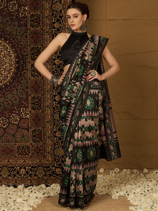 Black Bhagalpuri Ikkat Printed Saree - Ressa