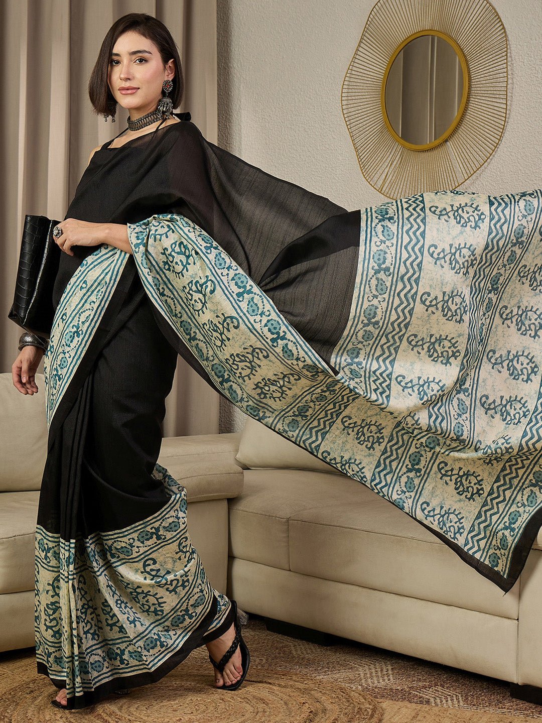 Black Bhagalpuri Silk Batik Printed Saree - Ressa
