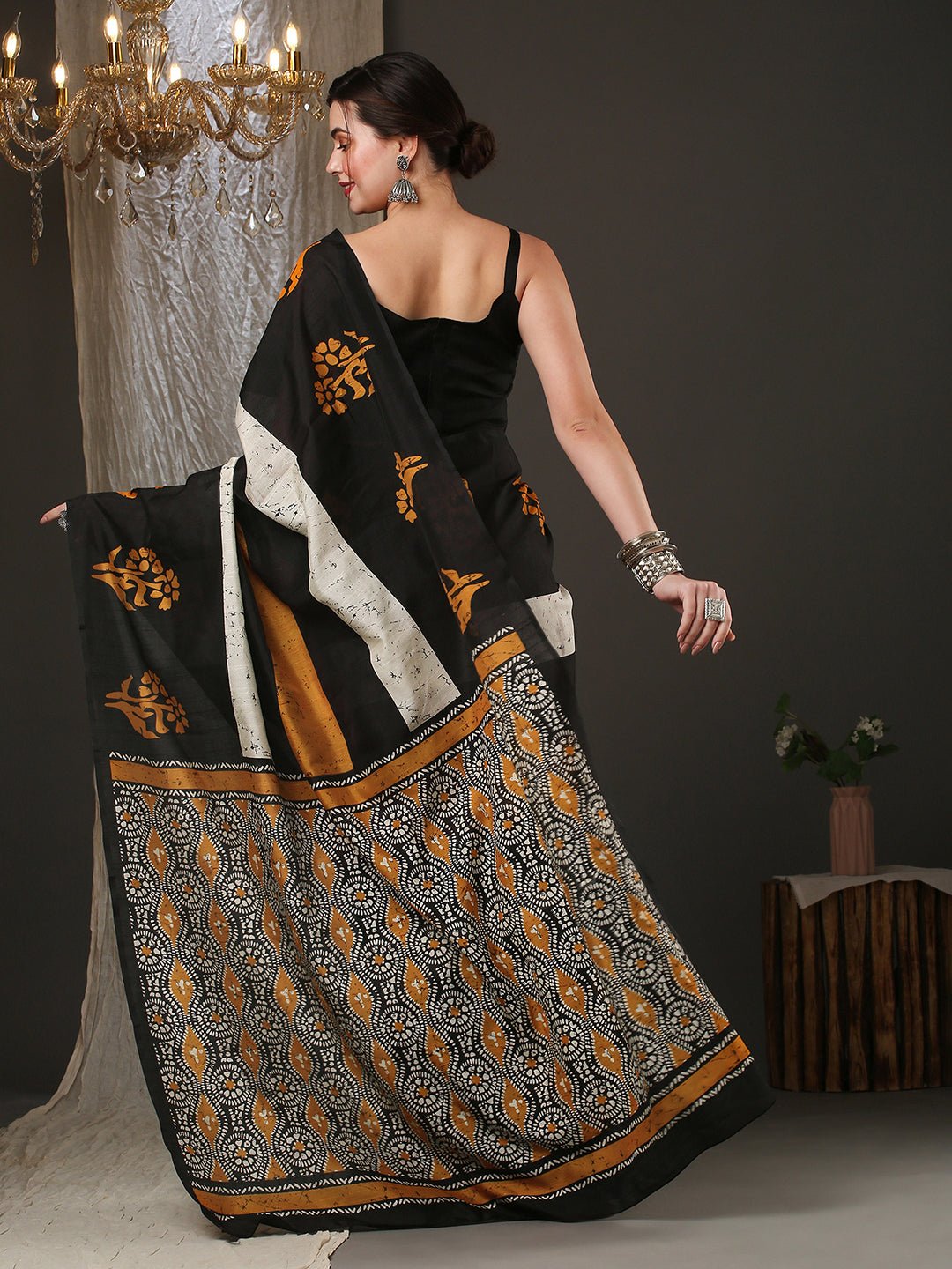 Black Bhagalpuri Silk Block Batik Print Saree - Ressa