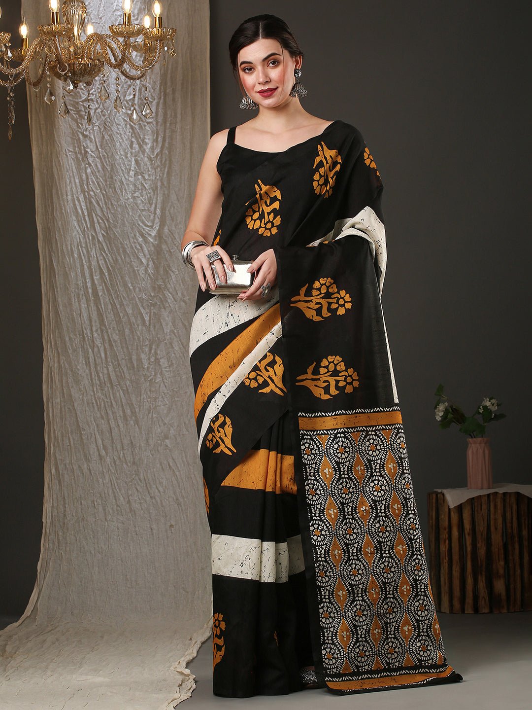 Black Bhagalpuri Silk Block Batik Print Saree - Ressa