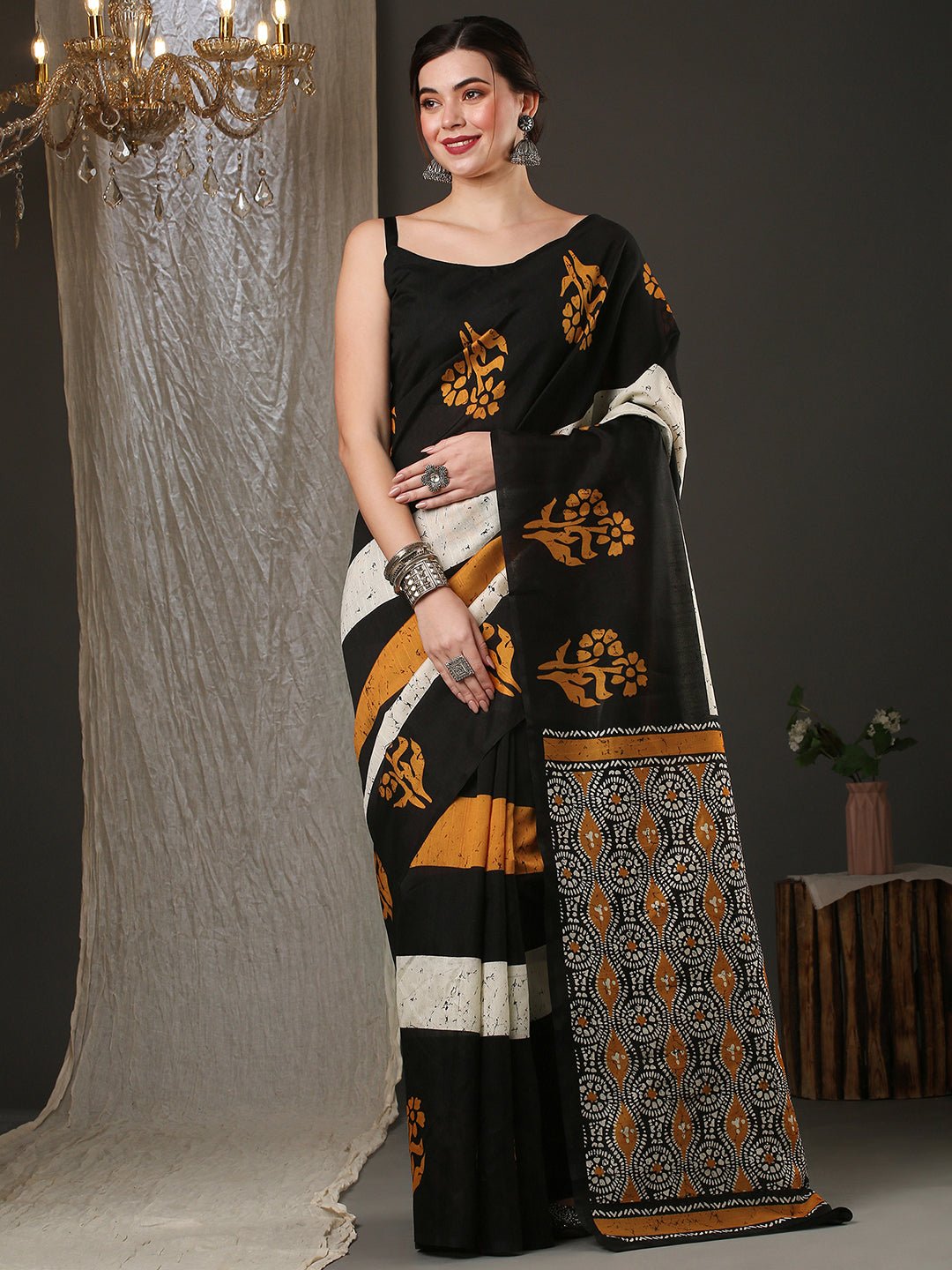 Black Bhagalpuri Silk Block Batik Print Saree - Ressa