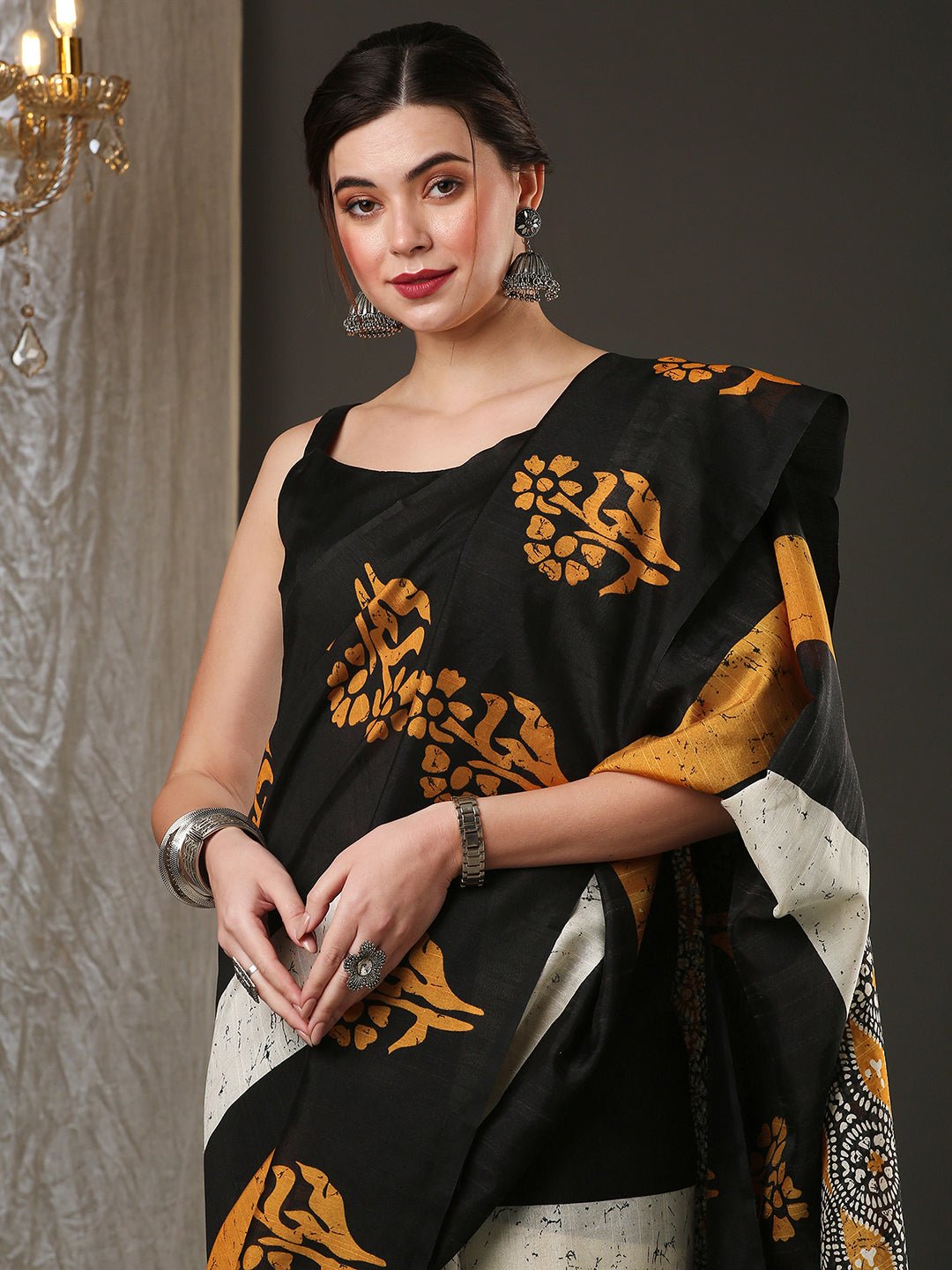 Black Bhagalpuri Silk Block Batik Print Saree - Ressa