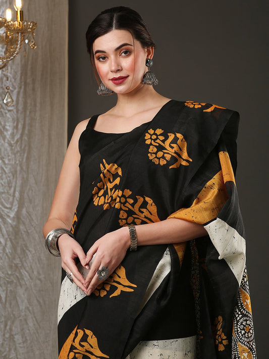 Black Bhagalpuri Silk Block Batik Print Saree - Ressa