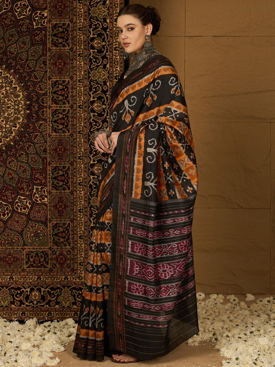 Black Bhagalpuri Silk Ikkat Printed Saree - Ressa