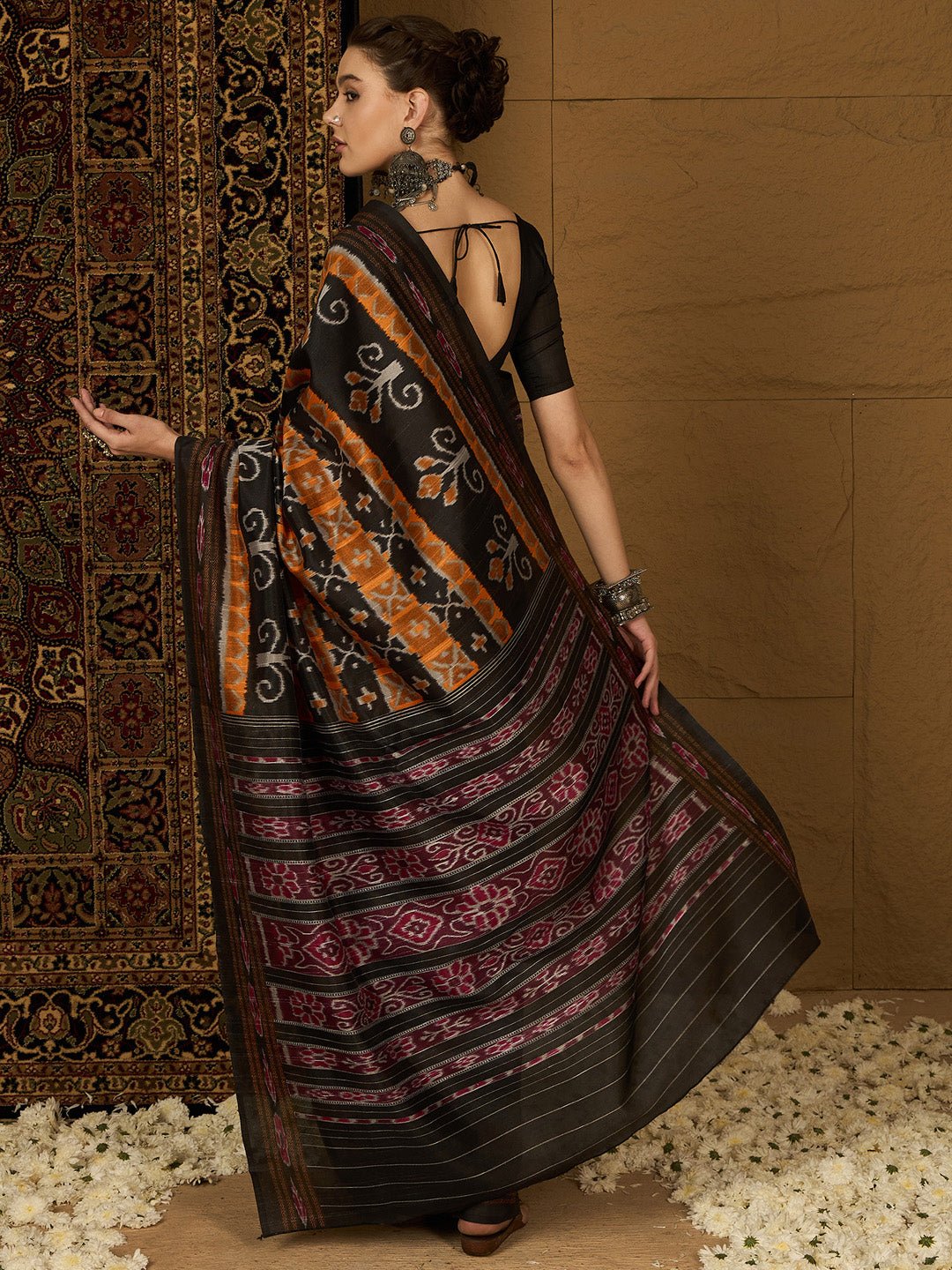 Black Bhagalpuri Silk Ikkat Printed Saree - Ressa