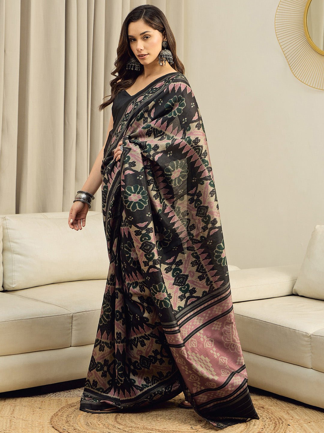 Black Bhagalpuri Silk Ikkat Printed Saree - Ressa