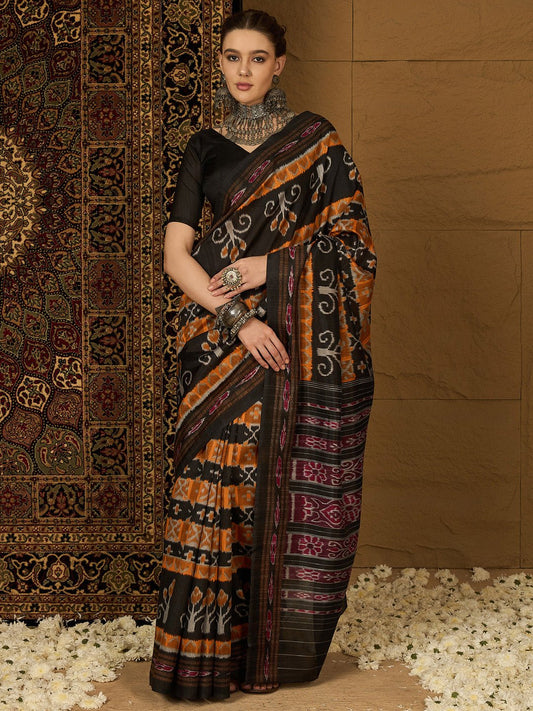 Black Bhagalpuri Silk Ikkat Printed Saree - Ressa