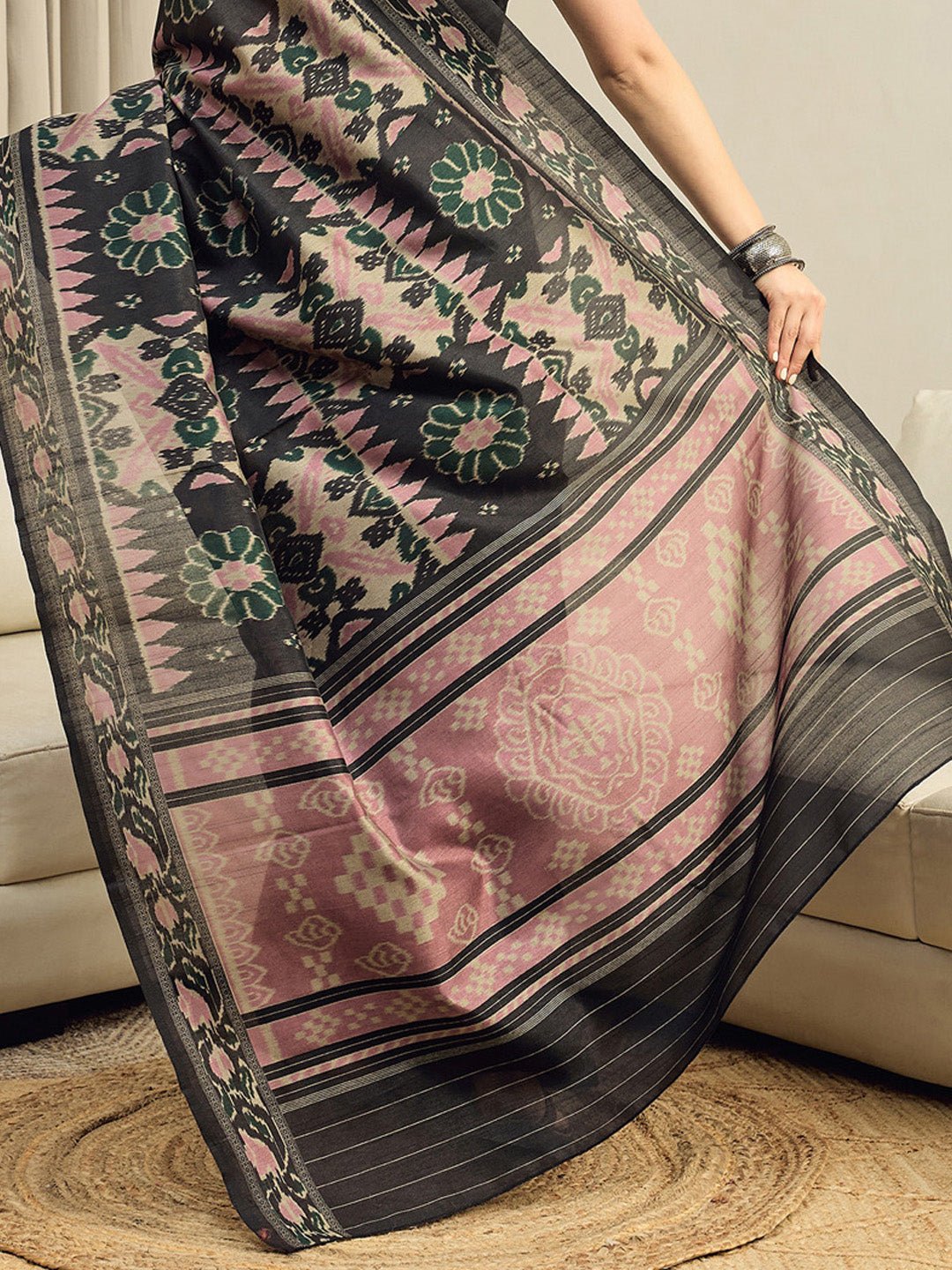 Black Bhagalpuri Silk Ikkat Printed Saree - Ressa