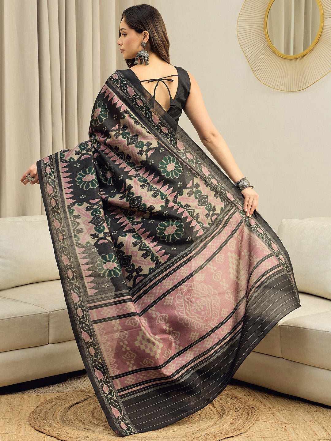 Black Bhagalpuri Silk Ikkat Printed Saree - Ressa