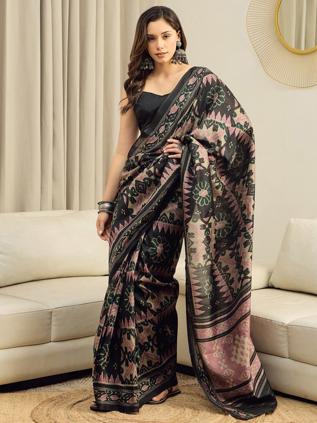 Black Bhagalpuri Silk Ikkat Printed Saree - Ressa