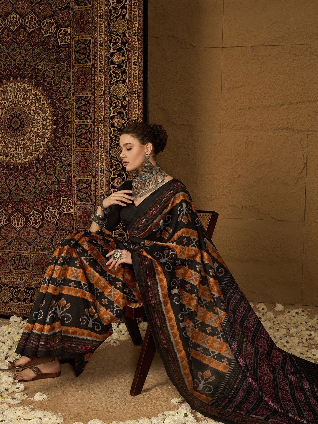 Black Bhagalpuri Silk Ikkat Printed Saree - Ressa