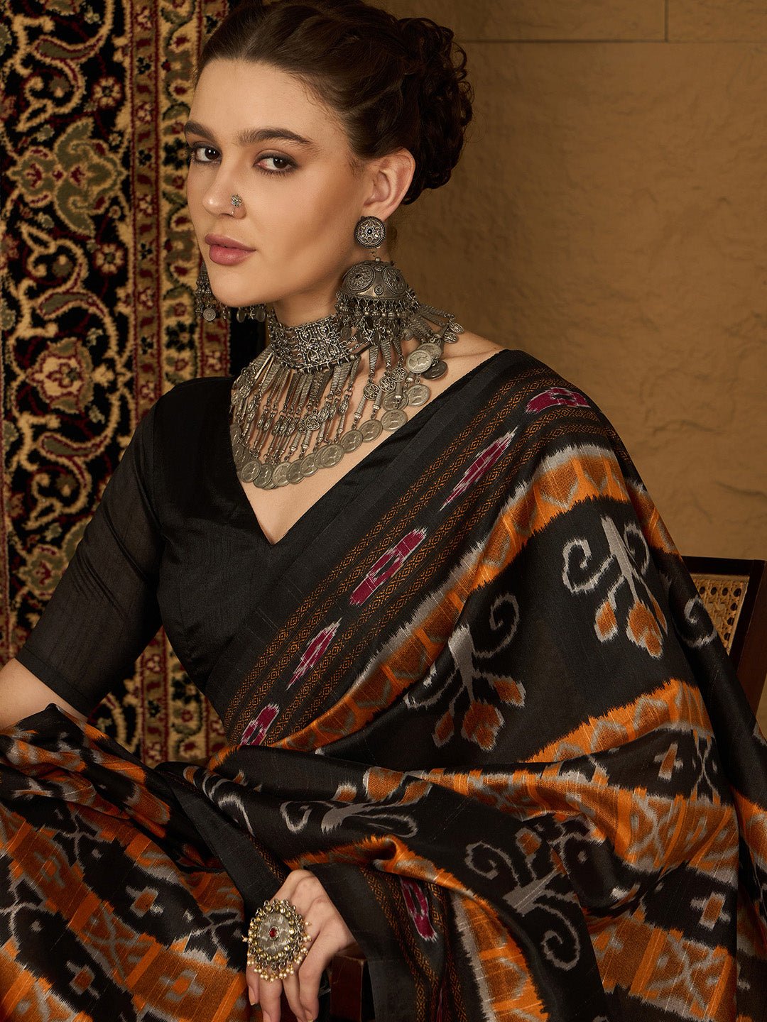 Black Bhagalpuri Silk Ikkat Printed Saree - Ressa