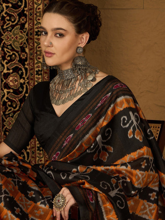 Black Bhagalpuri Silk Ikkat Printed Saree - Ressa