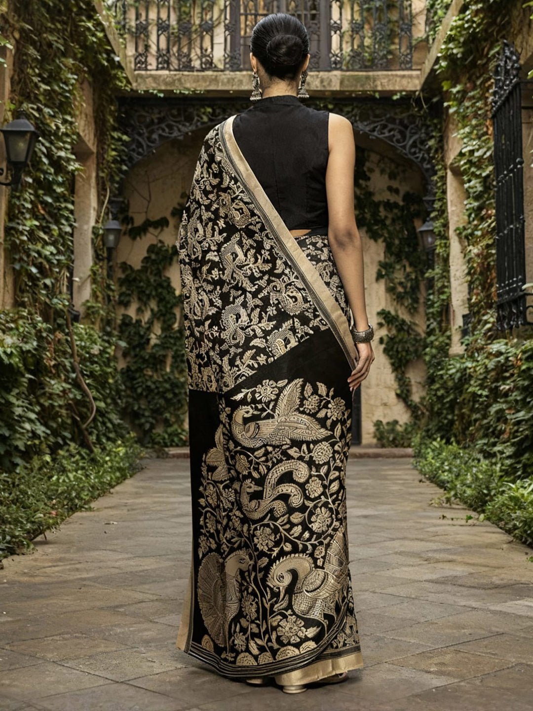 Black Bhagalpuri Silk Madhubani Printed Saree - Ressa