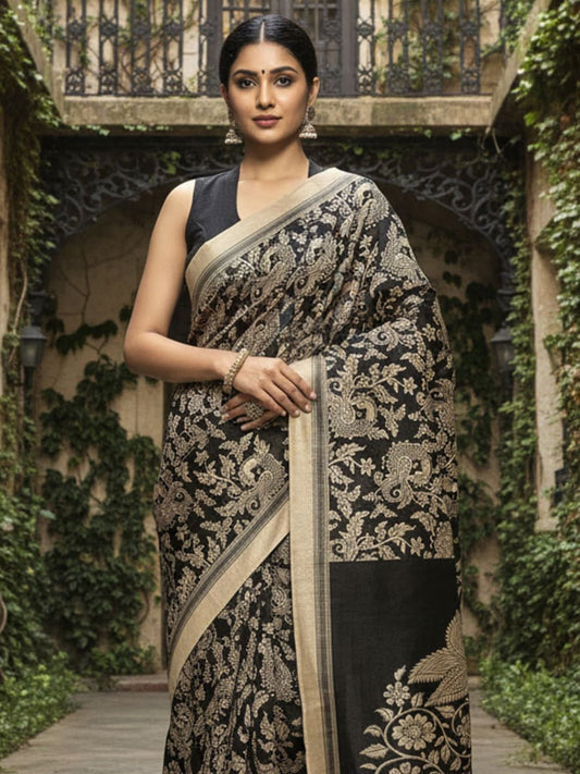 Black Bhagalpuri Silk Madhubani Printed Saree - Ressa