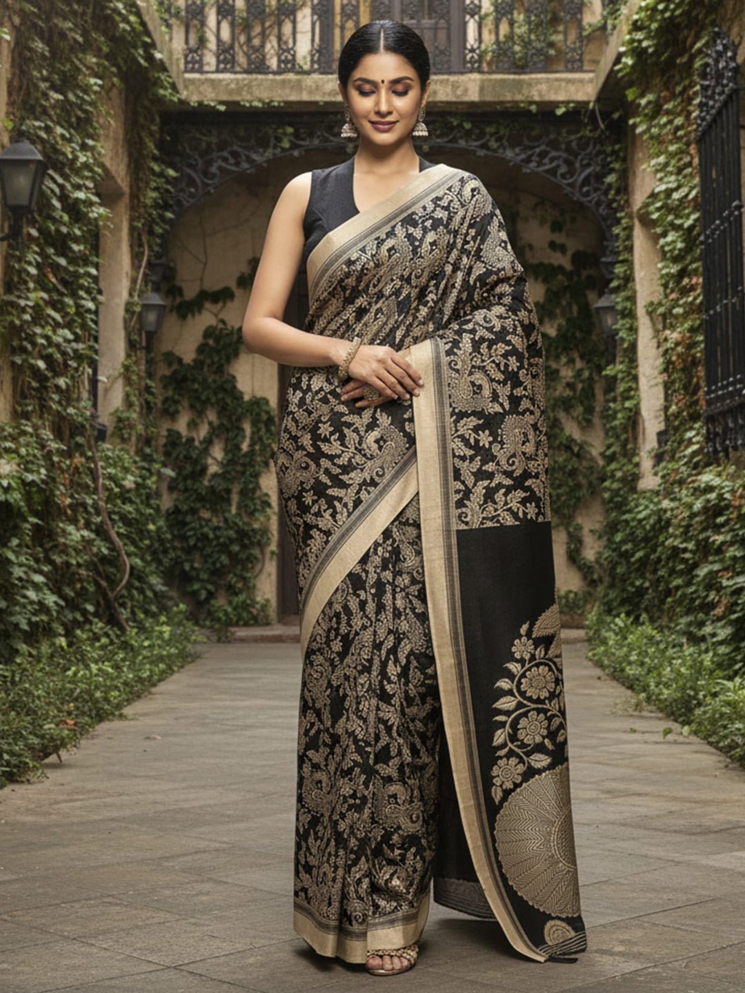 Black Bhagalpuri Silk Madhubani Printed Saree - Ressa