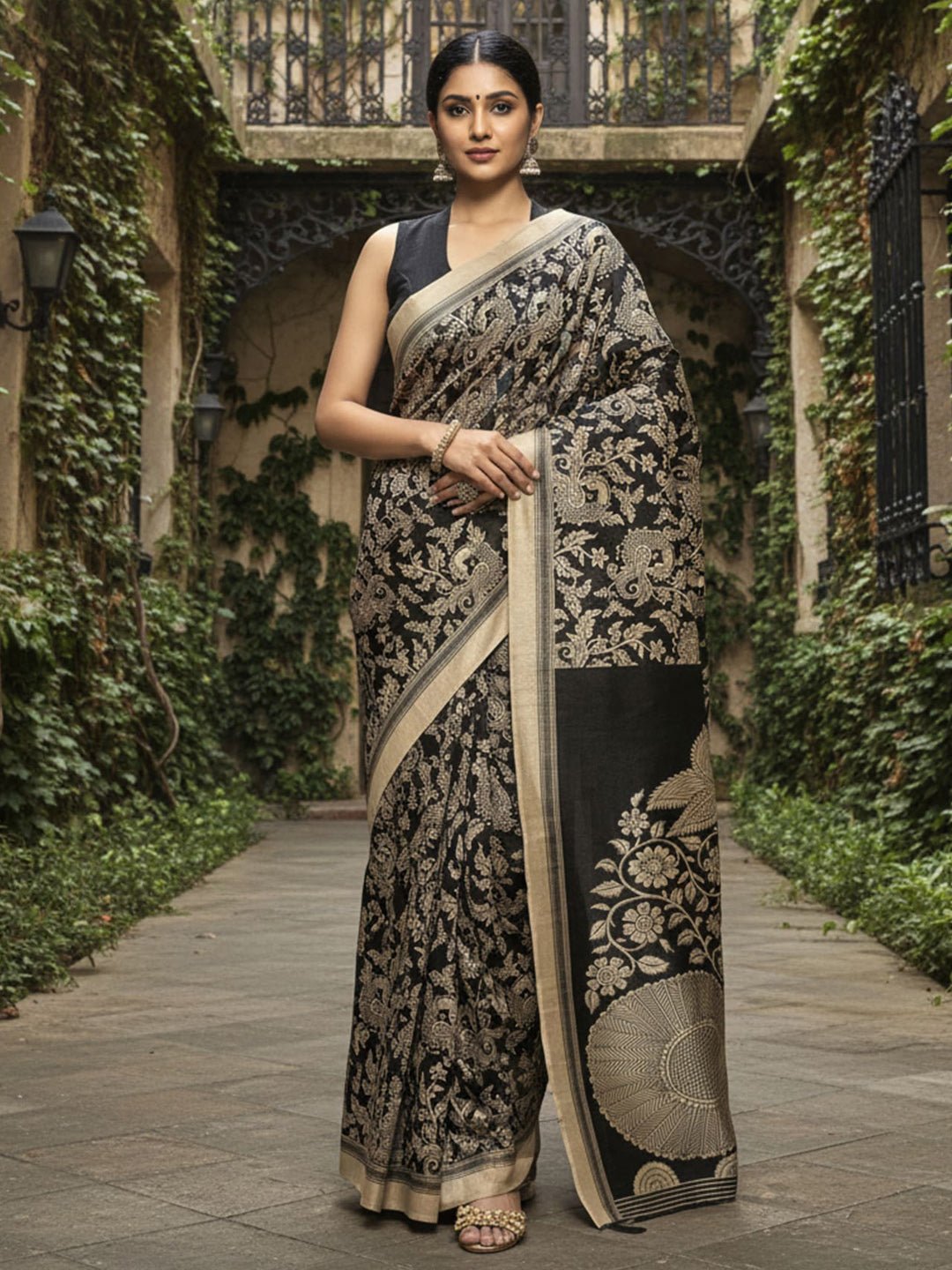 Black Bhagalpuri Silk Madhubani Printed Saree - Ressa