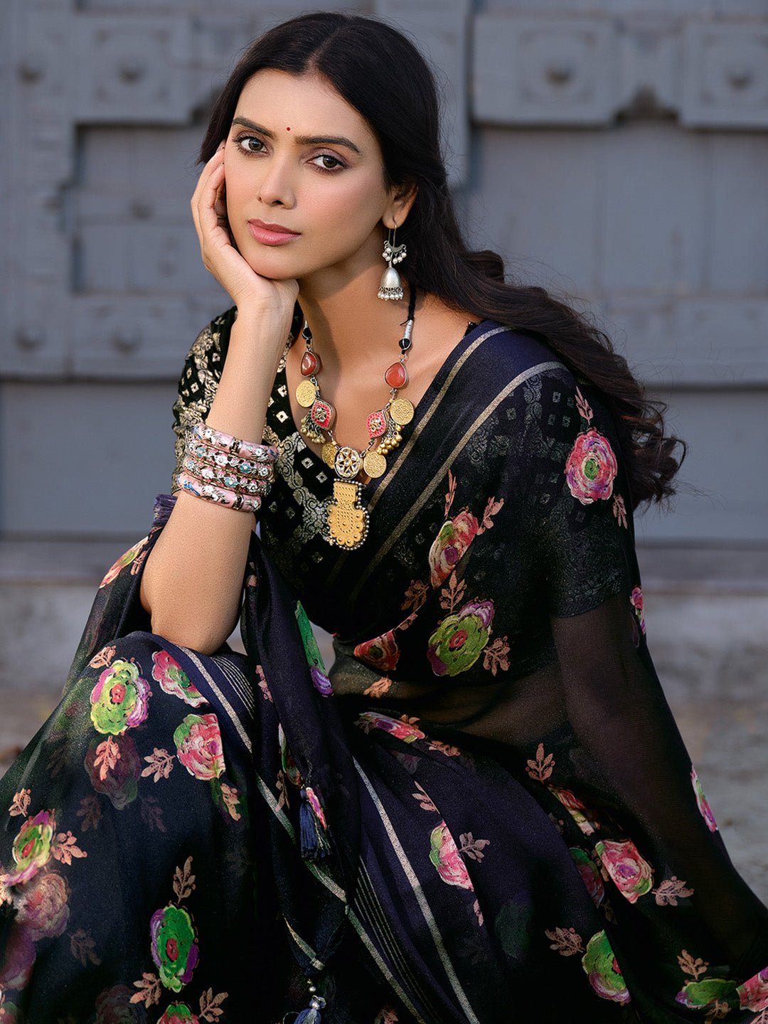 Black Chiffon Floral Print Traditional Motif Saree - Ressa