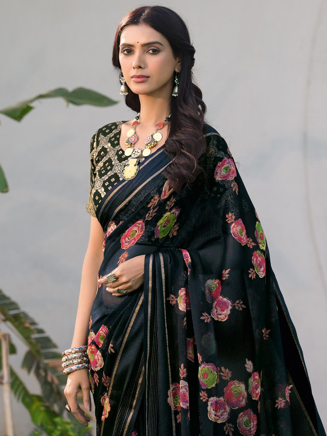 Black Chiffon Floral Print Traditional Motif Saree - Ressa