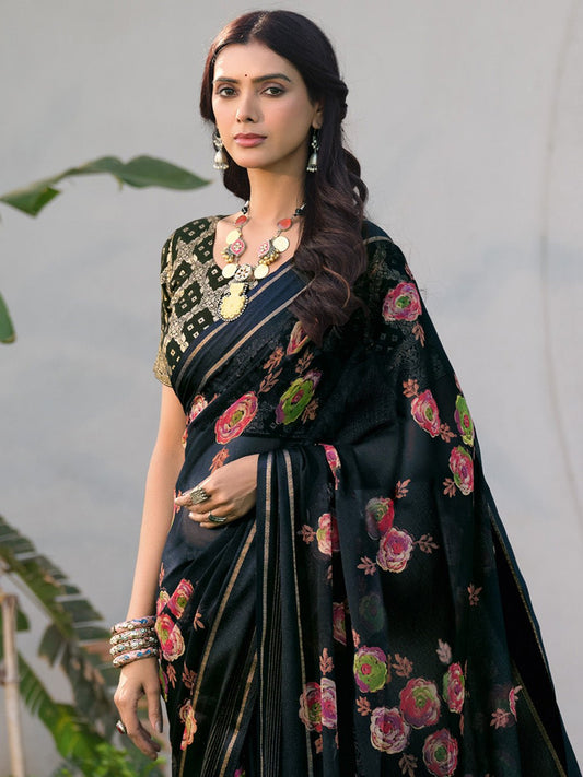 Black Chiffon Floral Print Traditional Motif Saree - Ressa