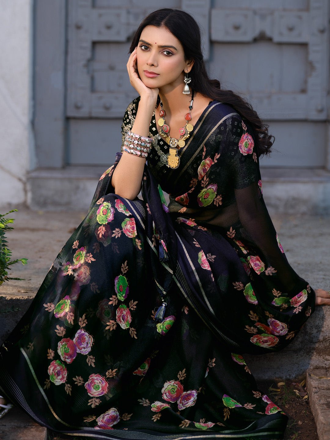 Black Chiffon Floral Print Traditional Motif Saree - Ressa