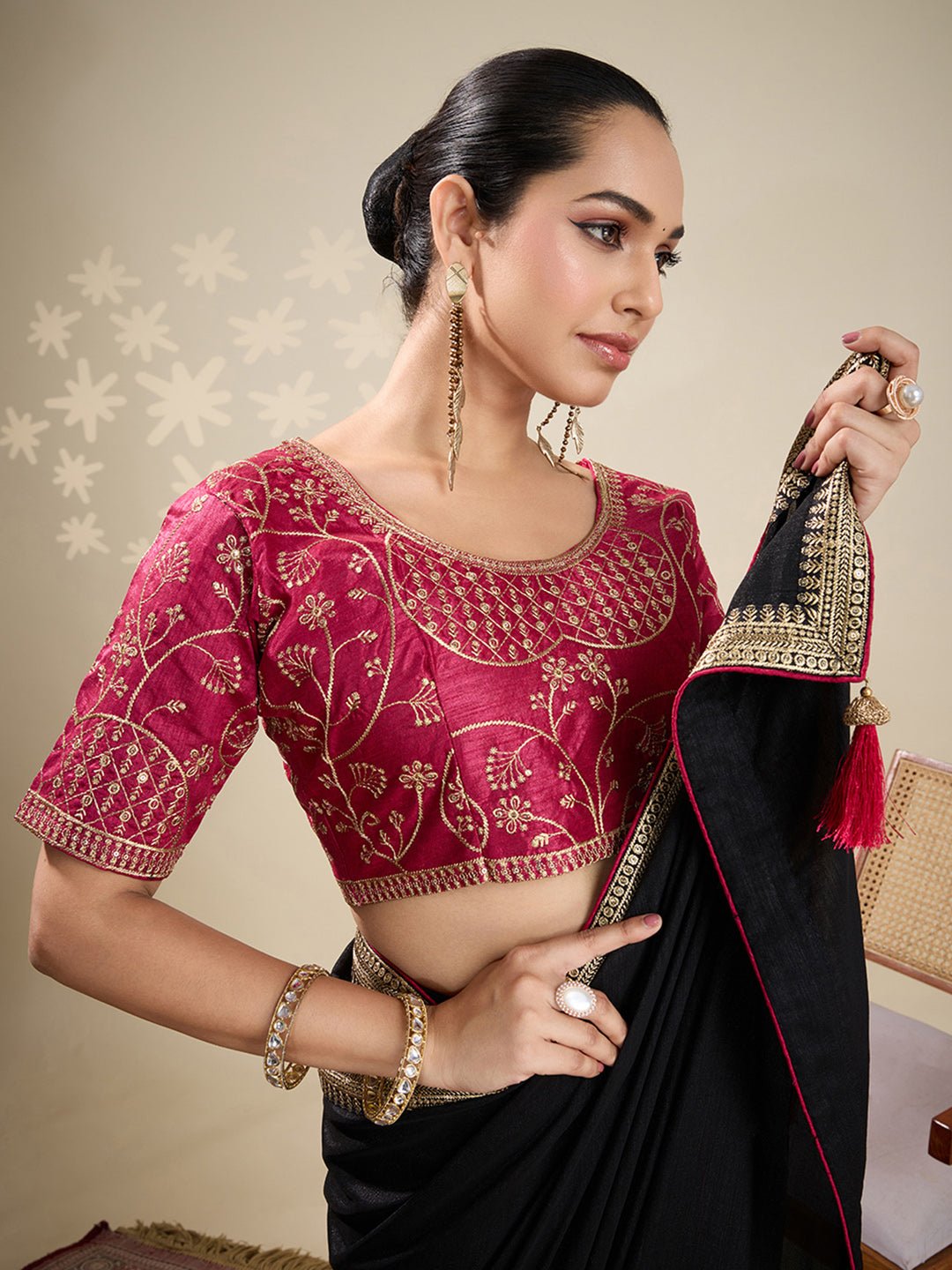 Black chiffon Saree with Embroidered Blouse - Ressa