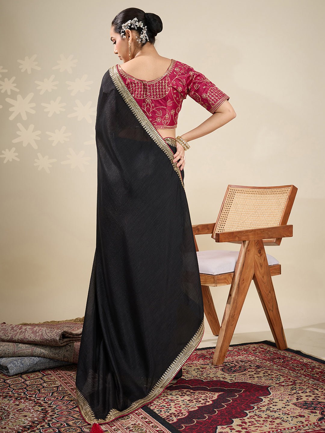 Black chiffon Saree with Embroidered Blouse - Ressa
