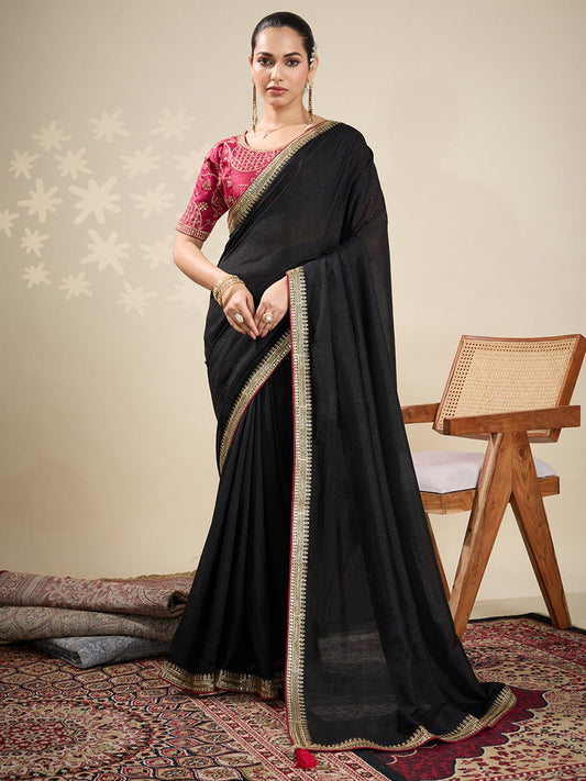 Black chiffon Saree with Embroidered Blouse - Ressa