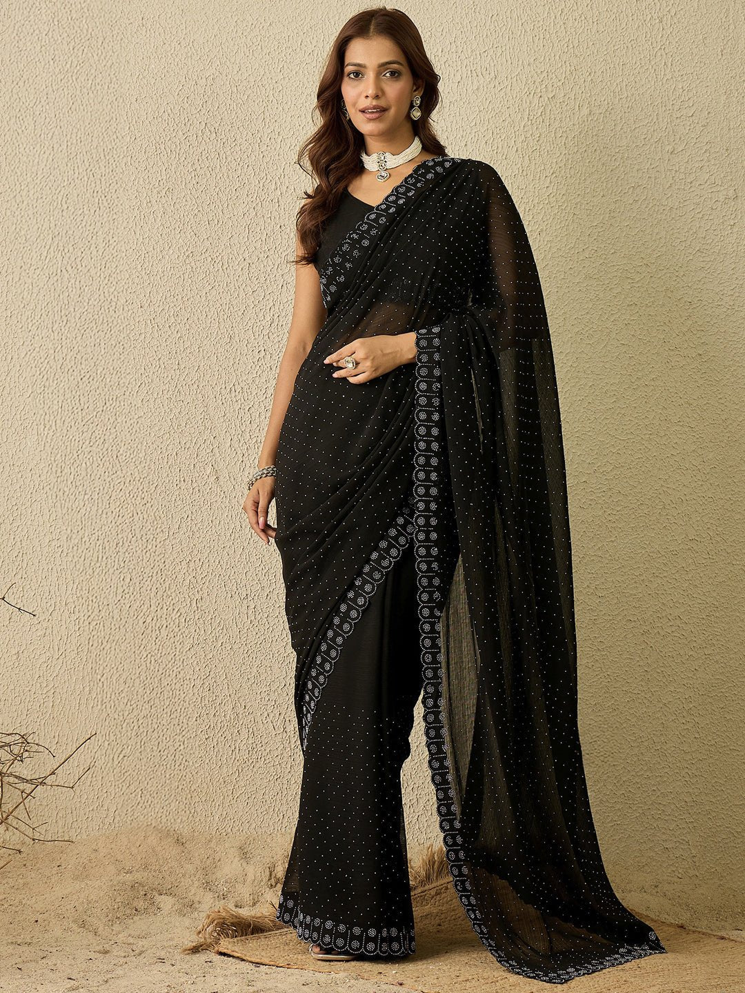 Black Chiffon Saree with Silver Mukaish Sequin Work - Ressa