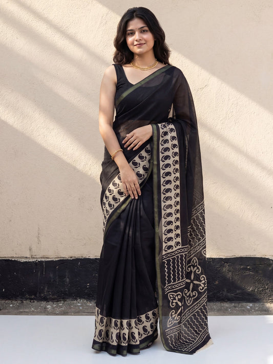 Black Cotton Blend Saree - Ressa