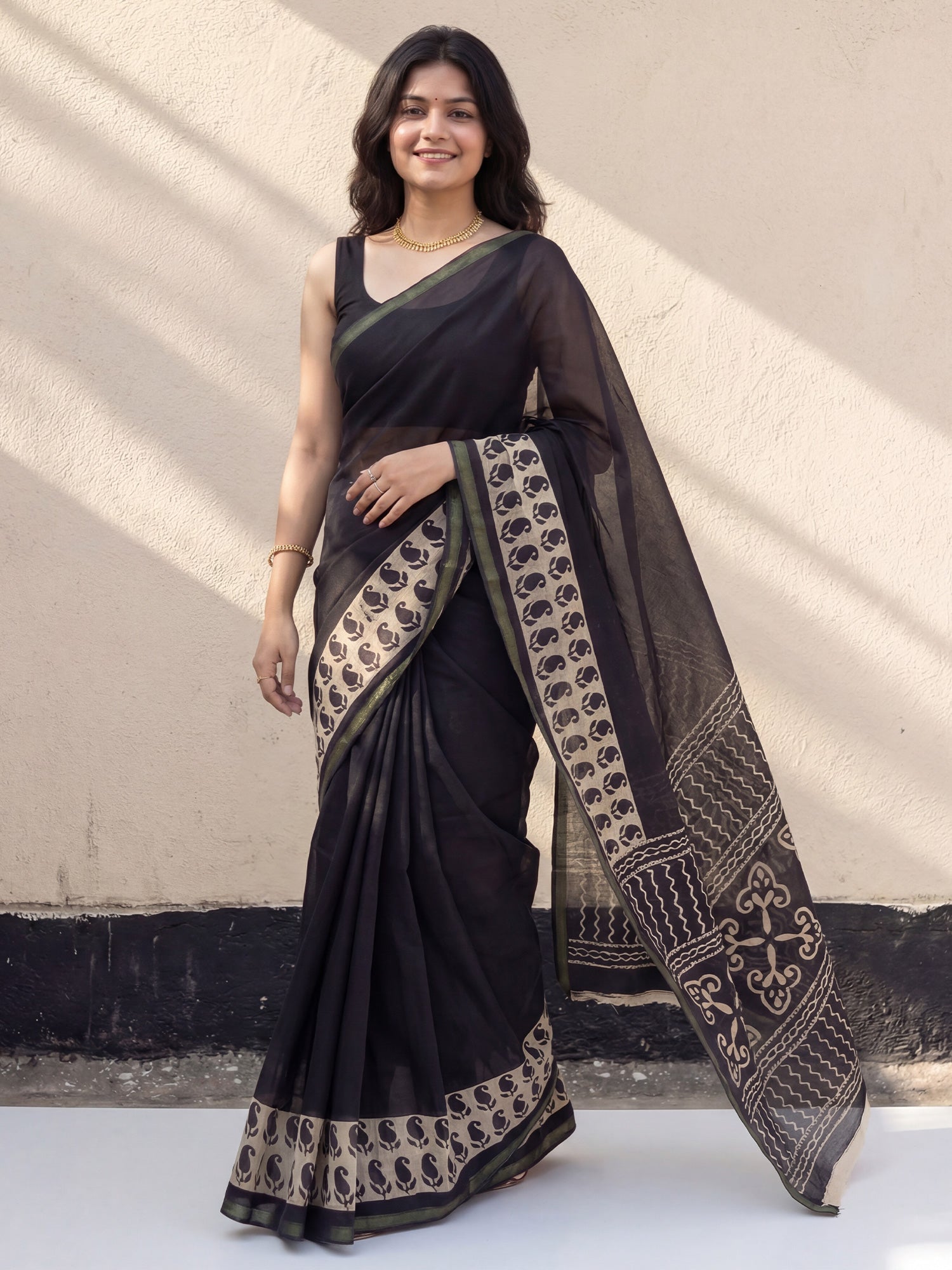 Black Cotton Blend Saree - Ressa