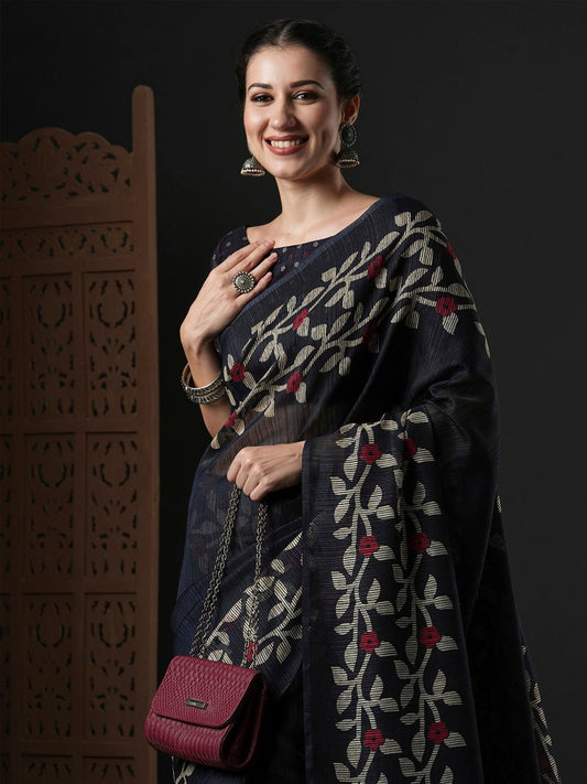 Black Cotton Slub Foral Printed Saree - Ressa