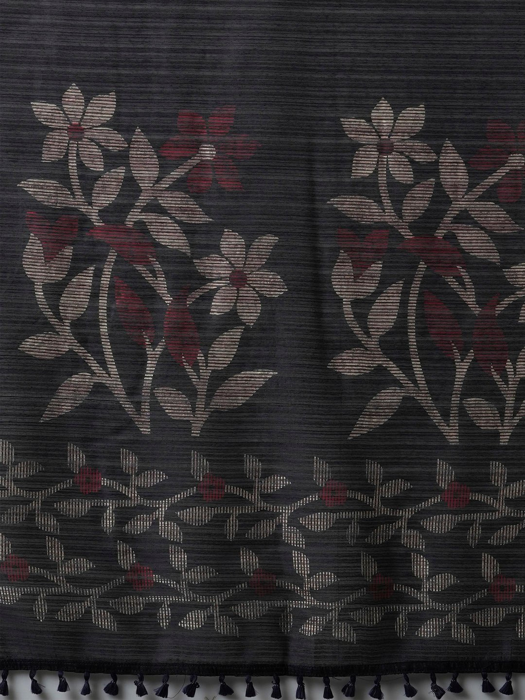 Black Cotton Slub Foral Printed Saree - Ressa