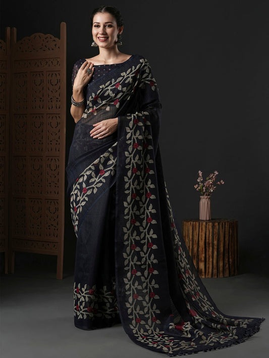 Black Cotton Slub Foral Printed Saree - Ressa