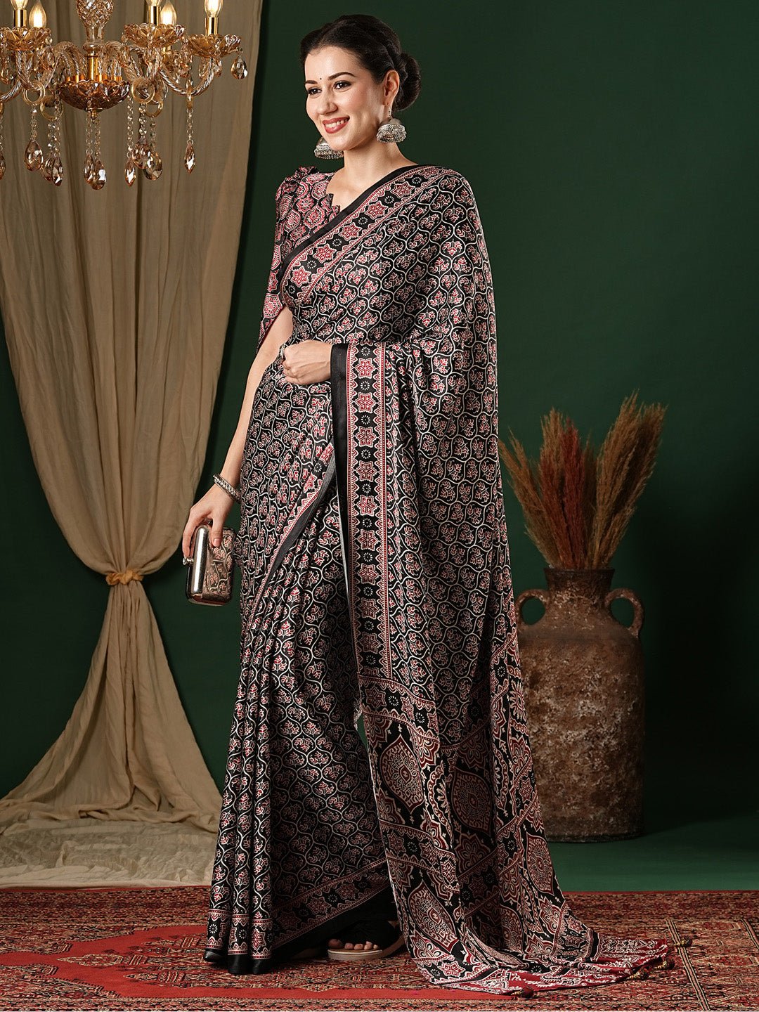 Black Crepe Ajrakh Block Printed Saree - Ressa