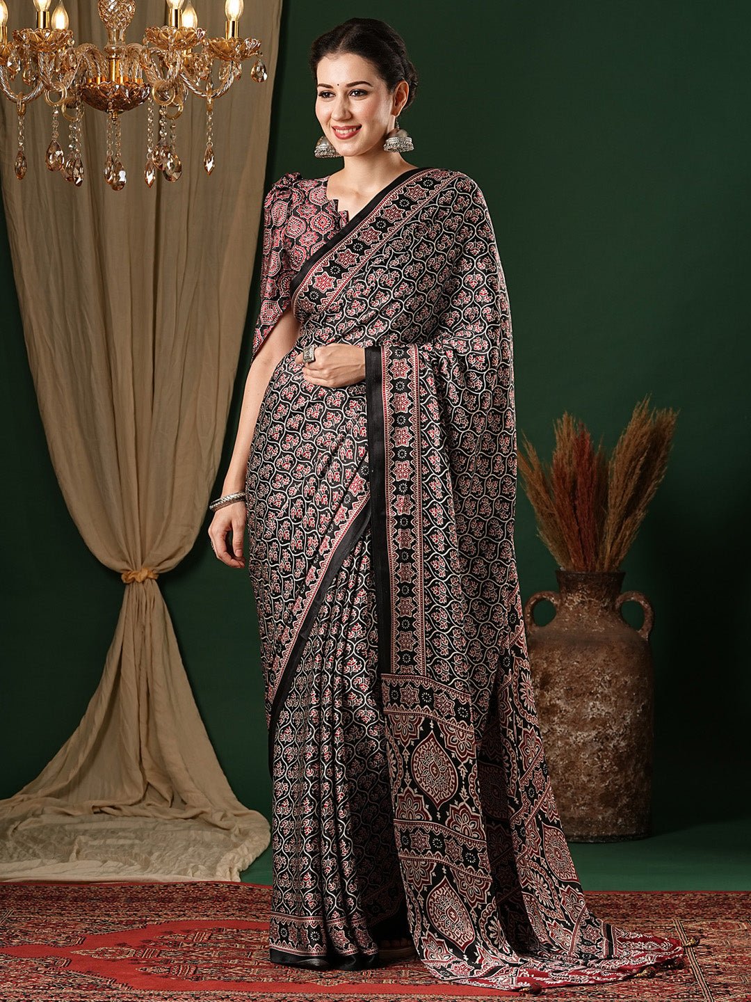 Black Crepe Ajrakh Block Printed Saree - Ressa