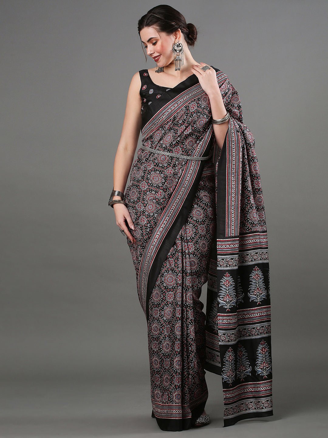 Black Crepe Ajrakh Block Printed Saree - Ressa
