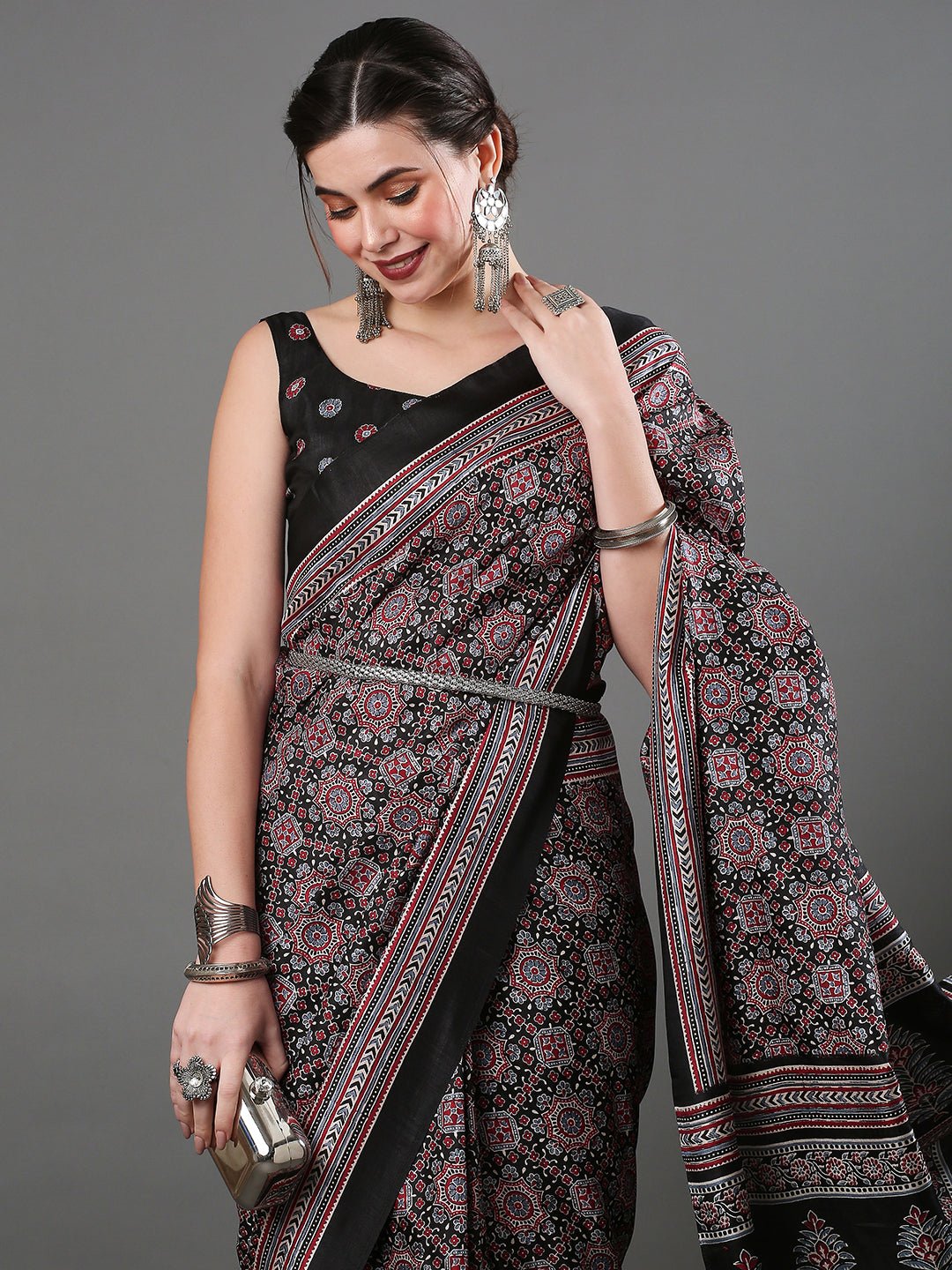 Black Crepe Ajrakh Block Printed Saree - Ressa