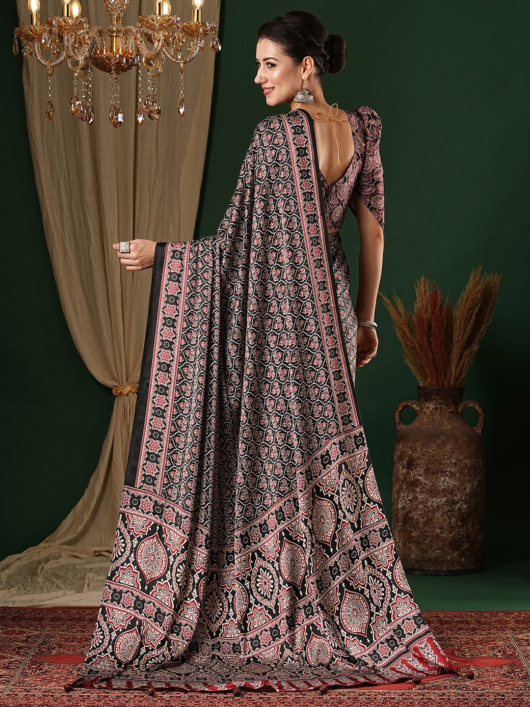 Black Crepe Ajrakh Block Printed Saree - Ressa