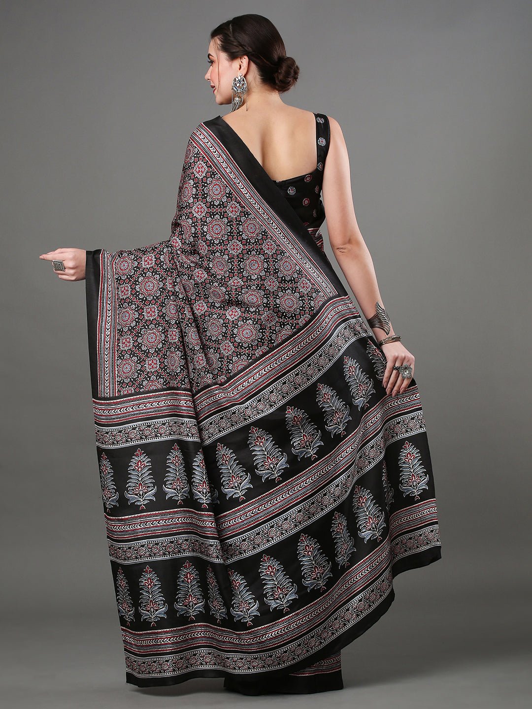 Black Crepe Ajrakh Block Printed Saree - Ressa