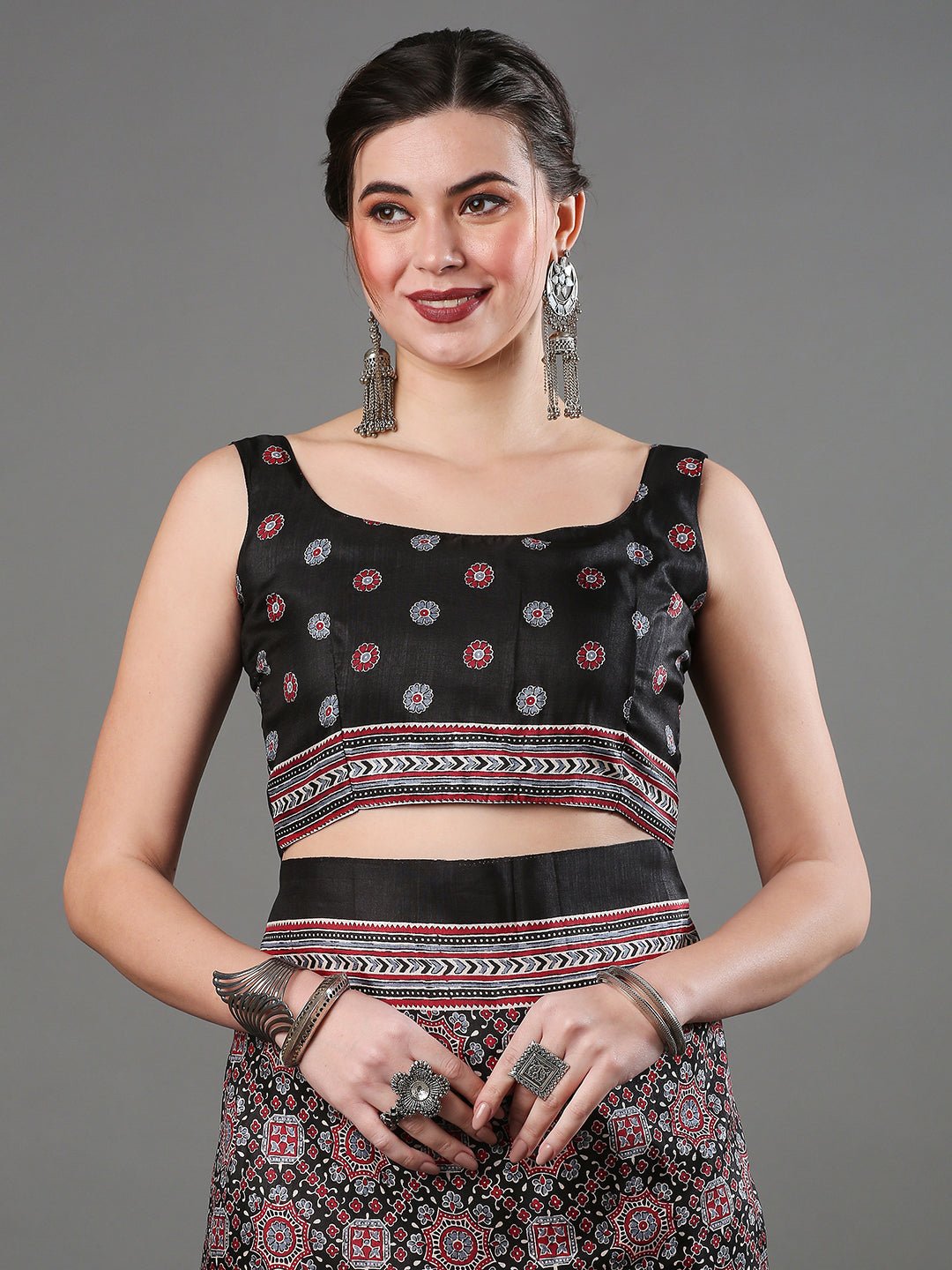 Black Crepe Ajrakh Block Printed Saree - Ressa
