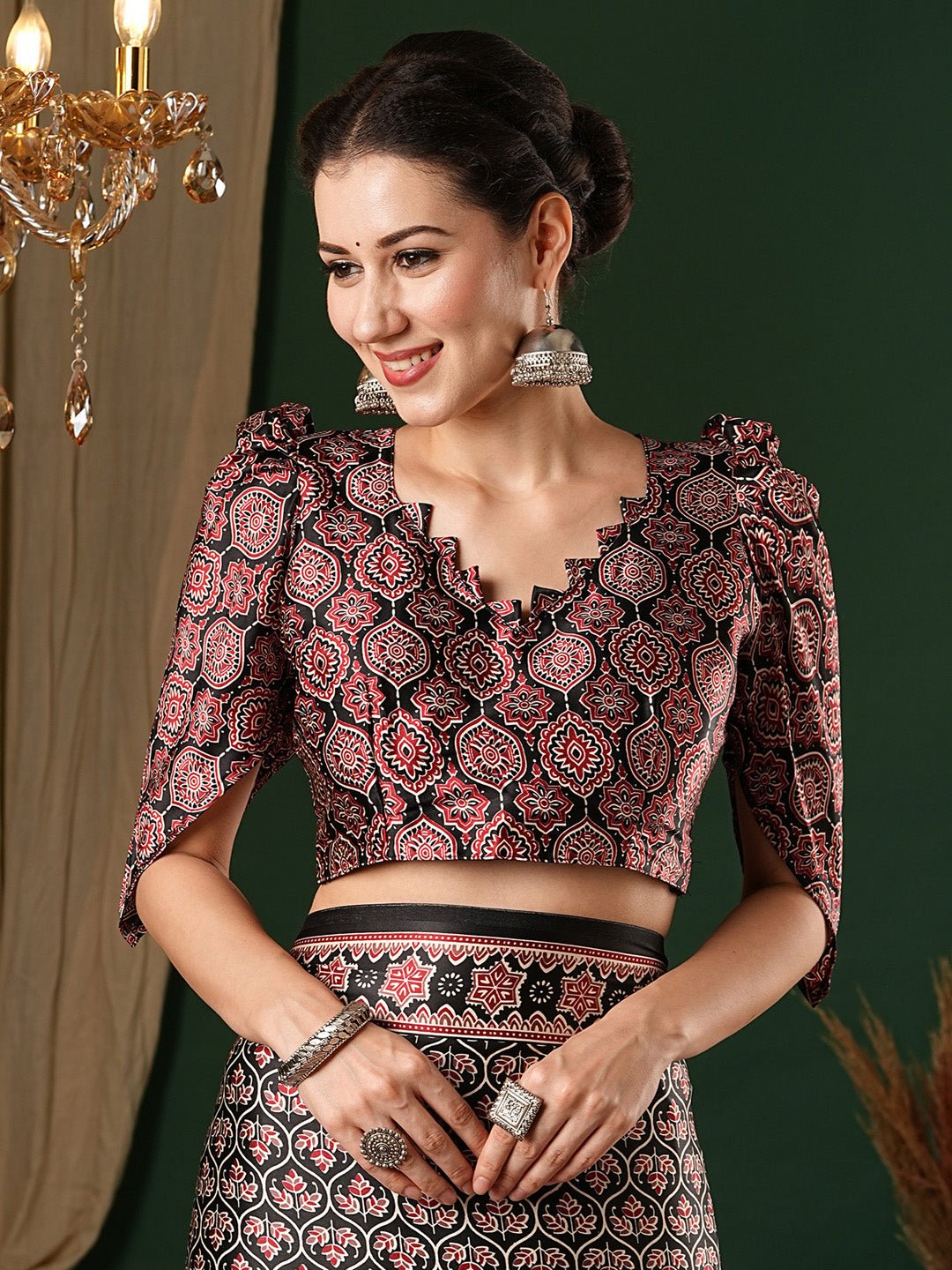 Black Crepe Ajrakh Block Printed Saree - Ressa