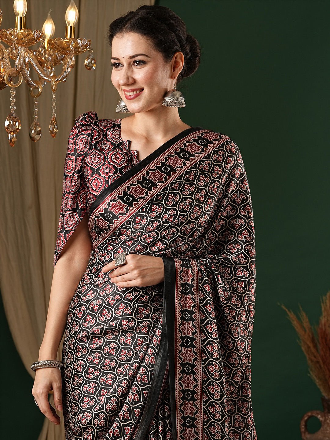 Black Crepe Ajrakh Block Printed Saree - Ressa