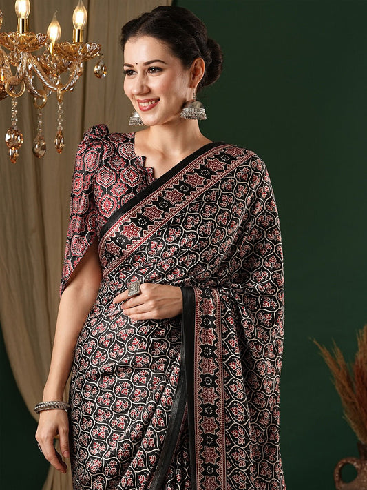 Black Crepe Ajrakh Block Printed Saree - Ressa