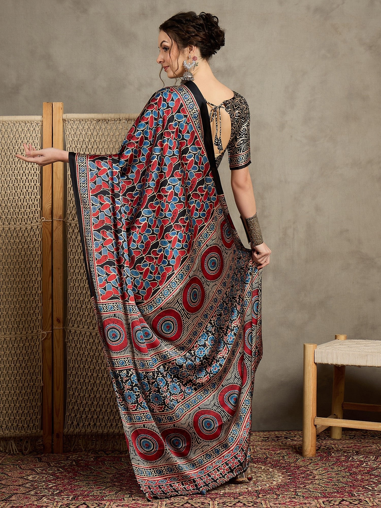 Black Crepe Ajrakh Printed Saree - Ressa