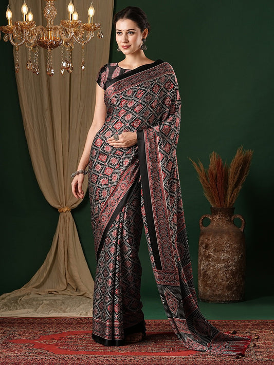 Black Crepe Ajrakh Printed Saree - Ressa