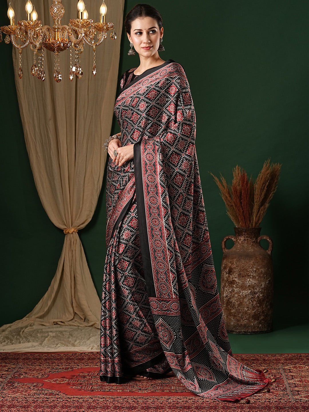 Black Crepe Ajrakh Printed Saree - Ressa