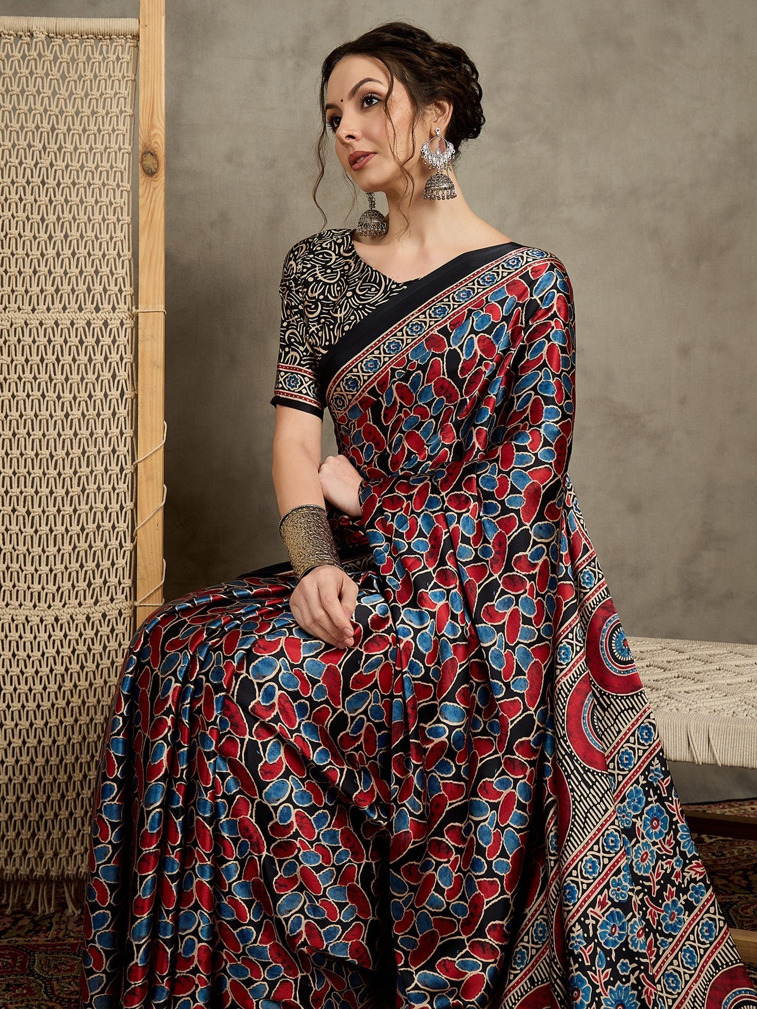 Black Crepe Ajrakh Printed Saree - Ressa