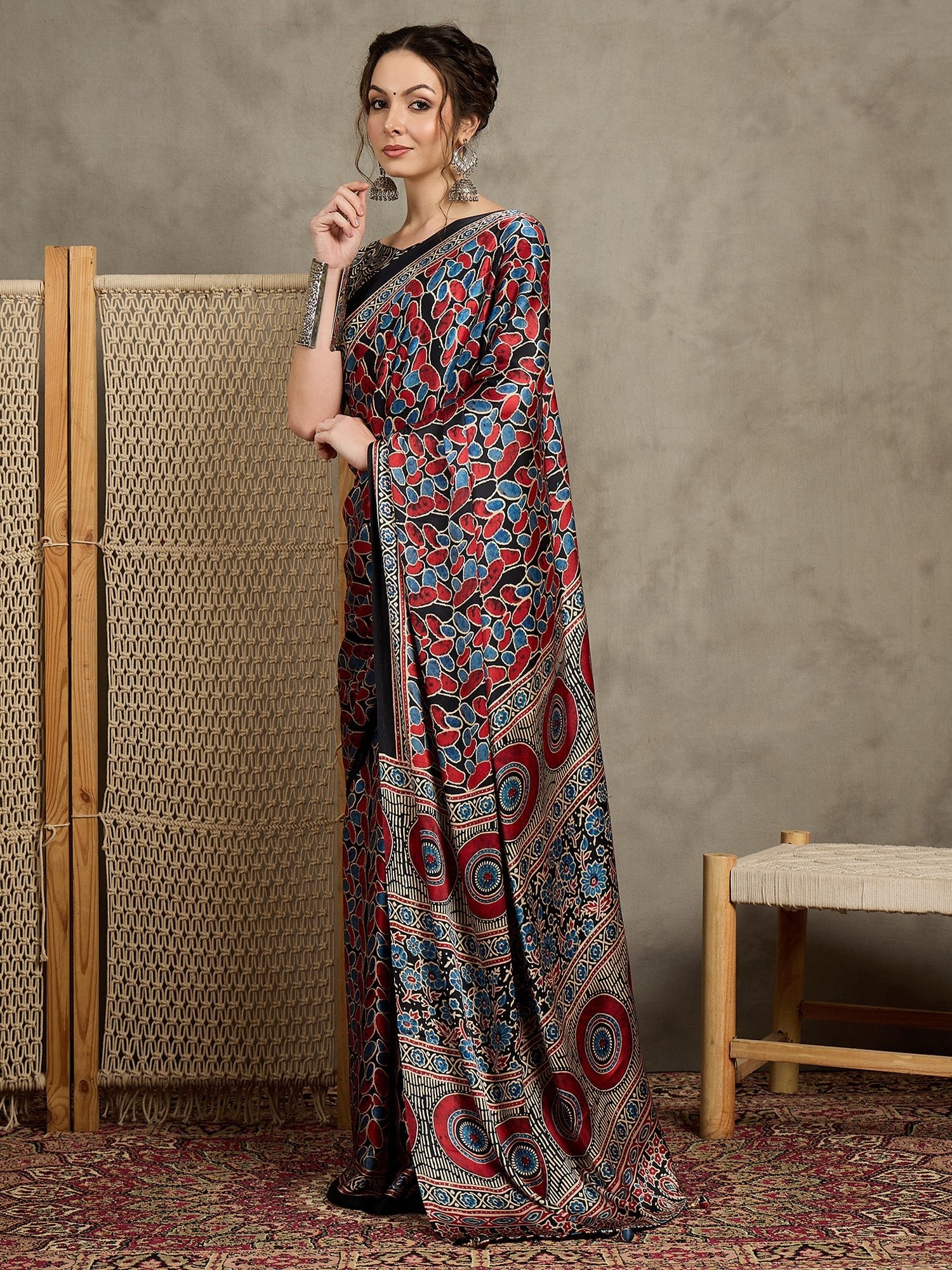 Black Crepe Ajrakh Printed Saree - Ressa