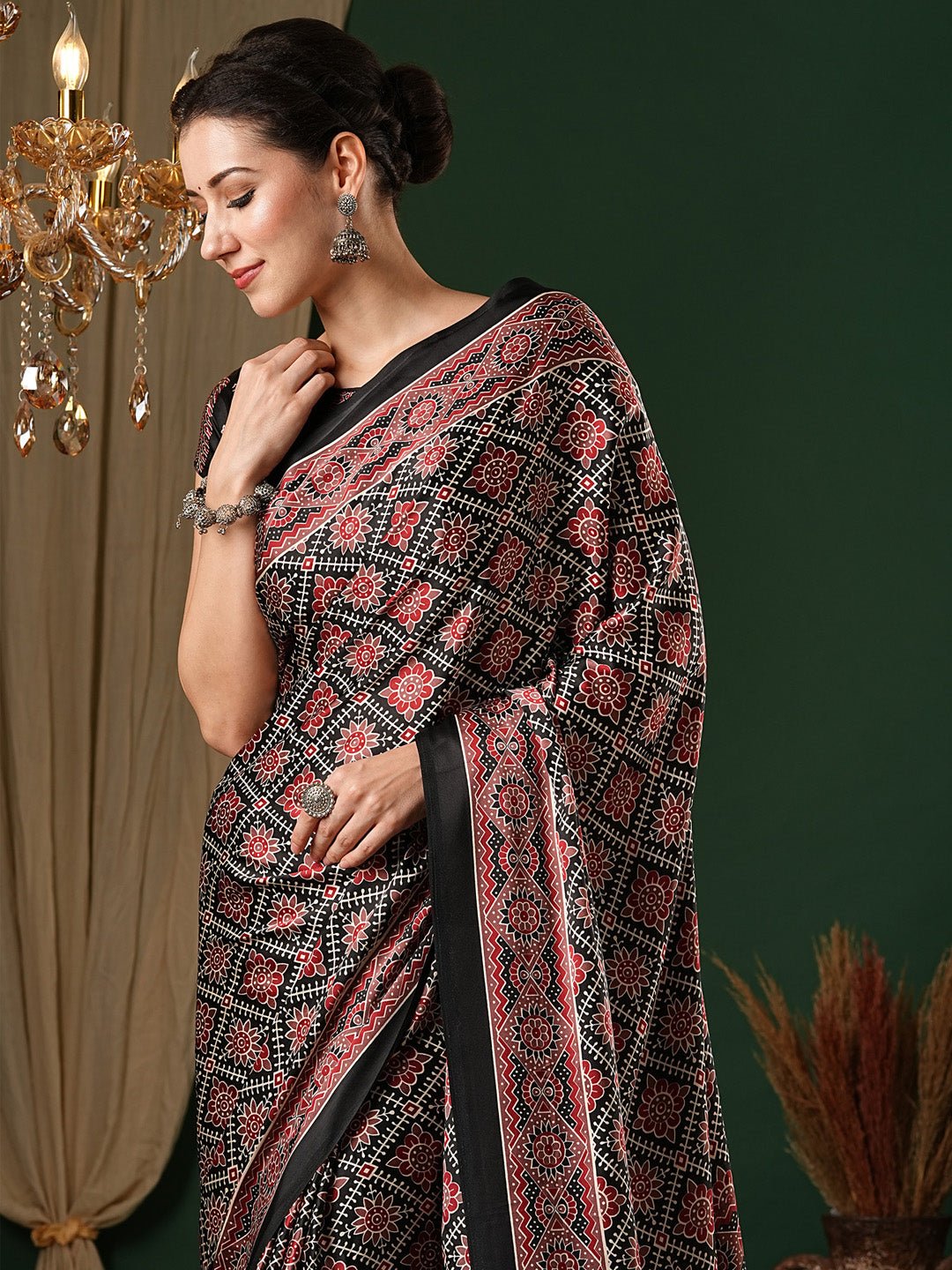 Black Crepe Ajrakh Printed Saree - Ressa